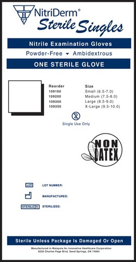 [109100] Gloves, Exam, Small, Nitrile, Sterile, PF, Singles, 9" Cuff, 100/bx, 4 bx/cs