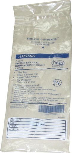 [AS116] Amsino Amsure® Pole Syringe/60cc/Cath Tip/Flat Top w/ Small Tip Adapter