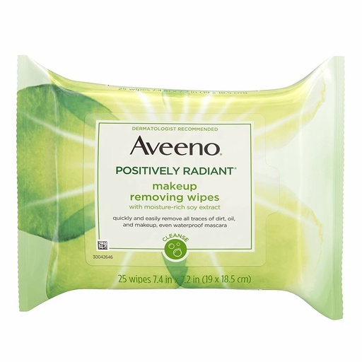 [115719] Johnson & Johnson Aveeno 7.4 inch x 7.2 inch Positively Radiant Makeup Removing Face Wipes, 6/Case