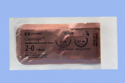 [CC658] Medtronic Caprosyn 30 inch Size 2-0 GU-46 and V-20 Monofilament Absorbable Suture, Violet, 36/Box