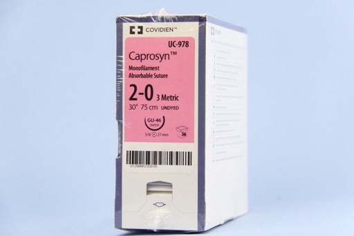 [UC978] Medtronic Caprosyn 30 inch 5/8 Circle Size 2-0 GU-46 Monofilament Absorbable Suture, 36/Box
