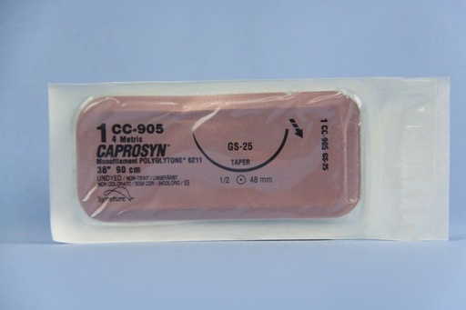 [CC905] Medtronic Caprosyn 36 inch 1/2 Circle Size 1 GS-25 Monofilament Absorbable Suture, 36/Box