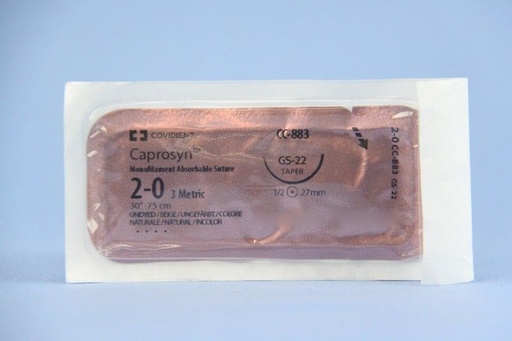 [CC883] Medtronic Caprosyn 30 inch 1/2 Circle Size 2-0 GS-22 Monofilament Absorbable Suture, 36/Box