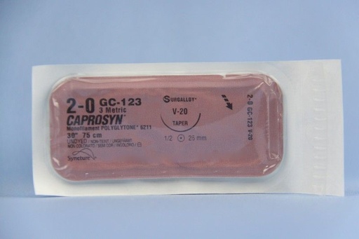 [GC123] Medtronic Caprosyn 30 inch 1/2 Circle Size 2-0 V-20 Monofilament Absorbable Suture, 36/Box