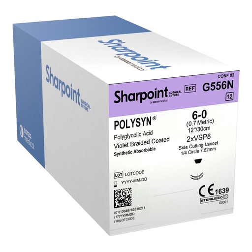 [G556N] Surgical Specialties Sharpoint Plus 6-0 12 inch PolySyn/Polyglycolic Acid Absorbable Suture with Needle and Violet, 12 per Box
