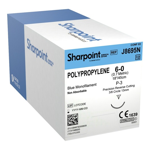 [J8695N] Surgical Specialties Sharpoint Plus 6-0 18 inch Polypropylene Nonabsorbable Suture with Needle and Blue, 12 per Box
