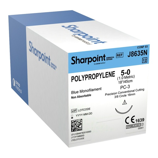 [J8635N] Surgical Specialties Sharpoint Plus 5-0 16 mm Polypropylene Nonabsorbable Suture with Needle and Blue, 12 per Box