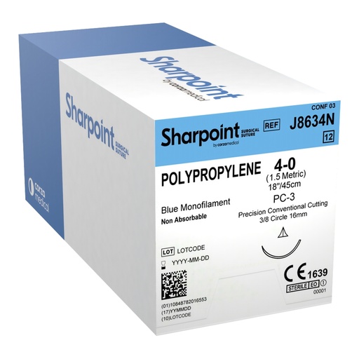 [J8634N] Surgical Specialties Sharpoint Plus 4-0 16 mm Polypropylene Nonabsorbable Suture with Needle and Blue, 12 per Box