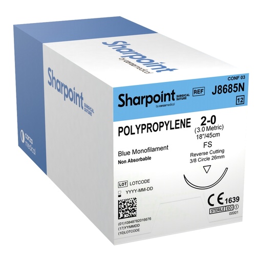 [J8685N] Surgical Specialties Sharpoint Plus 2-0 18 inch Polypropylene Nonabsorbable Suture with Needle and Blue, 12 per Box