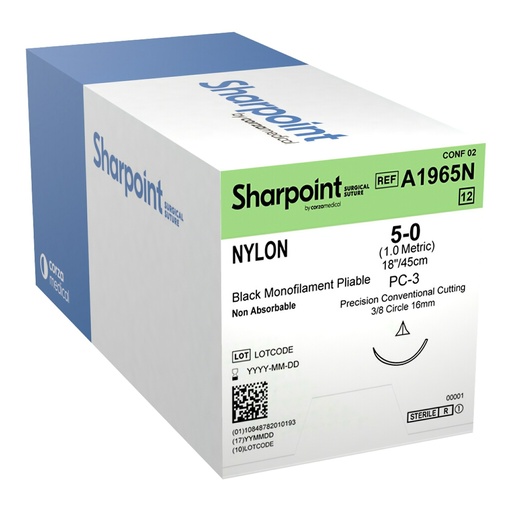 [A1965N] Surgical Specialties Sharpoint Plus 5-0 PC-3 Nylon Nonabsorbable Suture with Needle and Black, 12 per Box
