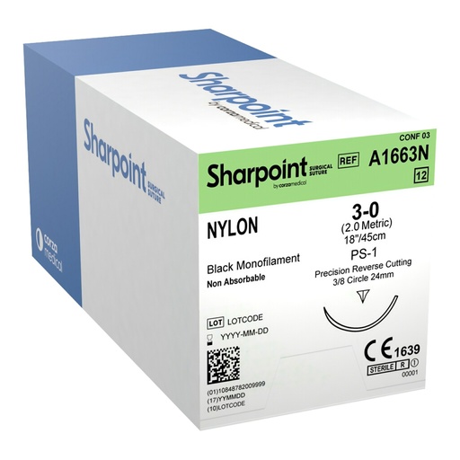 [A1663N] Surgical Specialties Sharpoint Plus 3-0 24 mm Nylon Nonabsorbable Suture with Needle and Black, 12 per Box