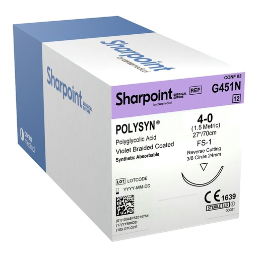 [G451N] Surgical Specialties Sharpoint Plus 4-0 24 mm PolySyn/Polyglycolic Acid Absorbable Suture with Needle and Violet, 12 per Box
