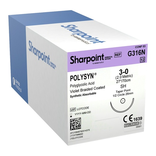[G316N] Surgical Specialties Sharpoint Plus 3-0 26 mm PolySyn/Polyglycolic Acid Absorbable Suture with Needle and Violet, 12 per Box