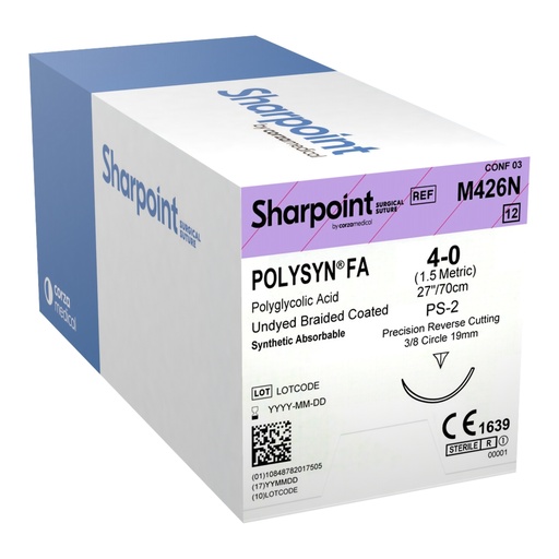[M426N] Surgical Specialties Sharpoint Plus 4-0 27 inch PolySyn FA/Polyglycolic Acid Absorbable Suture with Needle and Undyed, 12 per Box