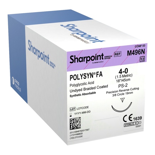 [M496N] Surgical Specialties Sharpoint Plus 4-0 19 mm PolySyn FA/Polyglycolic Acid Absorbable Suture with Needle and Undyed, 12 per Box