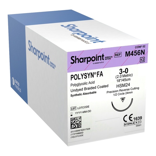 [M456N] Surgical Specialties Sharpoint Plus 3-0 24 mm PolySyn FA/Polyglycolic Acid Absorbable Suture with Needle and Undyed, 12 per Box