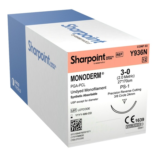[Y936N] Surgical Specialties Sharpoint Plus Monoderm 3-0 24 mm Polyglycolic Acid Absorbable Suture with Needle and Undyed, 12 per Box
