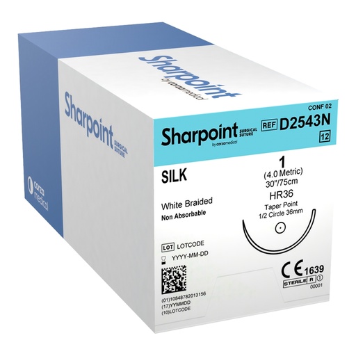 [D2543N] Surgical Specialties Sharpoint Plus 1 30 inch Silk Nonabsorbable Suture with Needle and White, 12 per Box