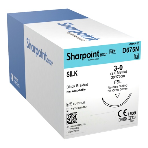 [D675N] Surgical Specialties Sharpoint Plus 3-0 30 mm Silk Nonabsorbable Suture with Needle and Black, 12 per Box