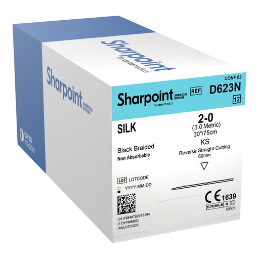 [D623N] Surgical Specialties Sharpoint Plus 2-0 60 mm Silk Non Absorbable Suture with Needle and Black, 12 per Box