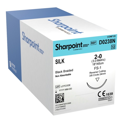 [D0238N] Surgical Specialties Sharpoint Plus 2-0 18 inch Silk Nonabsorbable Suture with Needle and Black, 12 per Box