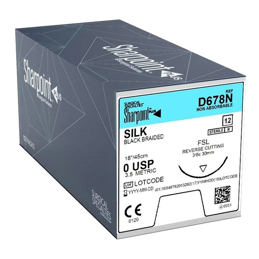 [D678N] Surgical Specialties Sharpoint Plus 0 30 mm Silk Nonabsorbable Suture with Needle and Black, 12 per Box