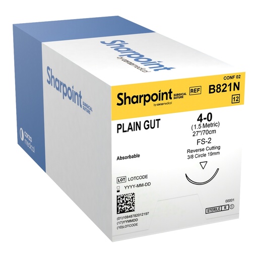 [B821N] Surgical Specialties Sharpoint Plus 4-0 27 inch Plain Gut Absorbable Suture with Needle and Undyed, 12 per Box