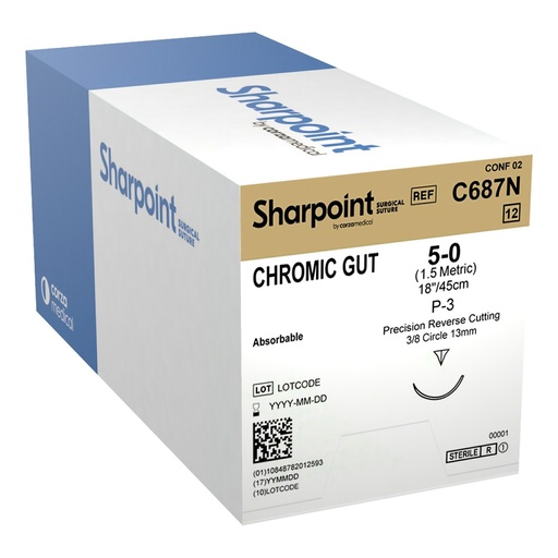 [C687N] Surgical Specialties Sharpoint Plus 5-0 P-3 Chromic Gut Absorbable Suture with Needle and Undyed, 12 per Box