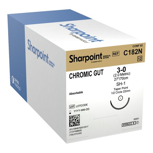[C182N] Surgical Specialties Sharpoint Plus 3-0 22 mm Chromic Gut Absorbable Suture with Needle and Undyed, 12 per Box