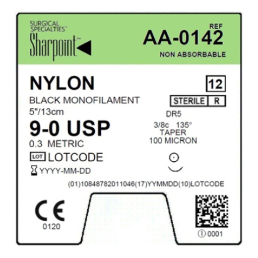[AA-0142] Surgical Specialties Sharpoint 9-0 5 inch Nylon Non Absorbable Suture with Needle and Black, 12 per Box