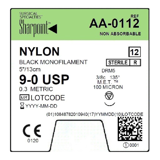 [AA-0112] Surgical Specialties Sharpoint 9-0 100 microns Nylon Non Absorbable Suture with Needle and Black, 12 per Box