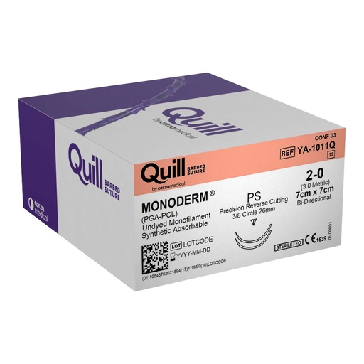 [YA-1011Q] Surgical Specialties Quill Monoderm 26 mm 7 cm x 7 cm Polyglycolic Acid / PCL Absorbable Suture with Needle and Undyed, 12 per Box