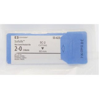 [SS623] Medtronic Sofsilk 75 cm Straight Size 2-0 SC-2 Wax Coated Braided Silk Suture, Black, 36/Box