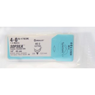 [S1783K] Medtronic Sofsilk 45 cm 3/8 Circle Size 4-0 HE-3 Wax Coated Braided Silk Suture, Black, 12/Box