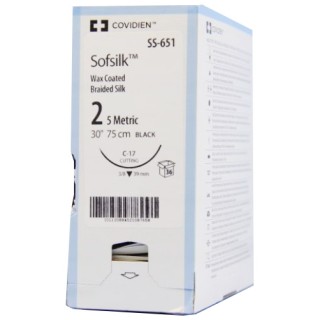 [SS651] Medtronic Sofsilk 75 cm 3/8 Circle Size 2 C-17 Wax Coated Braided Silk Suture, Black, 36/Box