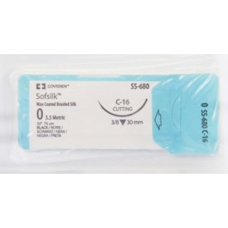 [SS680] Medtronic Sofsilk 75 cm 3/8 Circle Size 0 C-16 Wax Coated Braided Silk Suture, Black, 36/Box