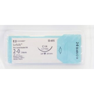 [SS695] Medtronic Sofsilk 45 cm 3/8 Circle Size 2-0 C-14 Wax Coated Braided Silk Suture, Black, 36/Box