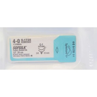 [S1735] Medtronic Sofsilk 30 cm 3/8 Circle Size 4-0 C-1 Wax Coated Braided Silk Suture, Black, 12/Box