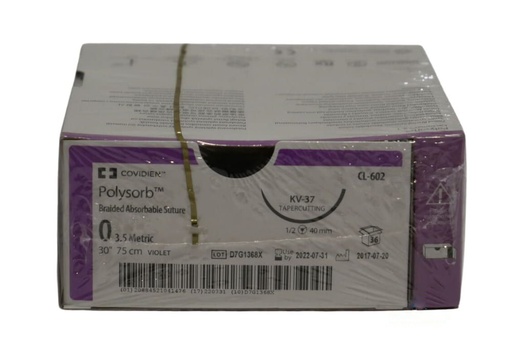 [CL602] Medtronic Polysorb 75 cm 1/2 Circle Size 0 KV-37 Braided Synthetic Absorbable Coated Suture, Violet, 36/Box