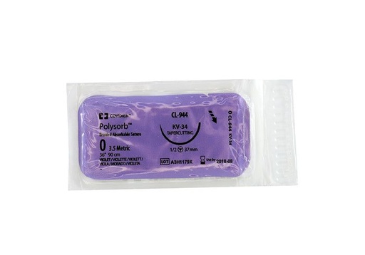 [CL944] Medtronic Polysorb 90 cm 1/2 Circle Size 0 KV-34 Braided Synthetic Absorbable Coated Suture, Violet, 36/Box