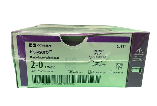 [CL511] Medtronic Polysorb 75 cm 1/2 Circle Size 2-0 KV-7 Braided Synthetic Absorbable Coated Suture, Violet, 36/Box