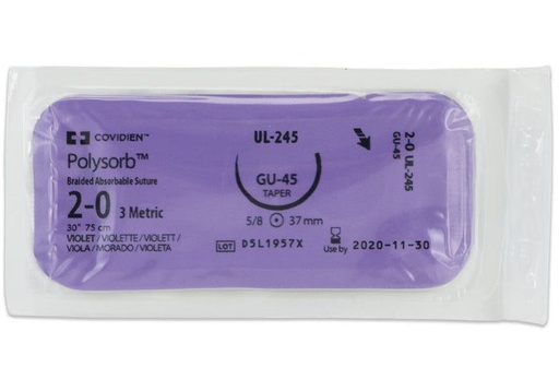 [UL245] Medtronic Polysorb 75 cm 5/8 Circle Size 2-0 GU-45 Braided Synthetic Absorbable Coated Suture, Violet, 36/Box