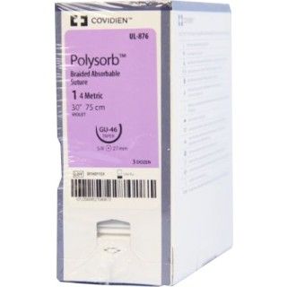 [UL876] Medtronic Polysorb 75 cm 5/8 Circle Size 1 GU-46 Braided Synthetic Absorbable Coated Suture, Violet, 36/Box