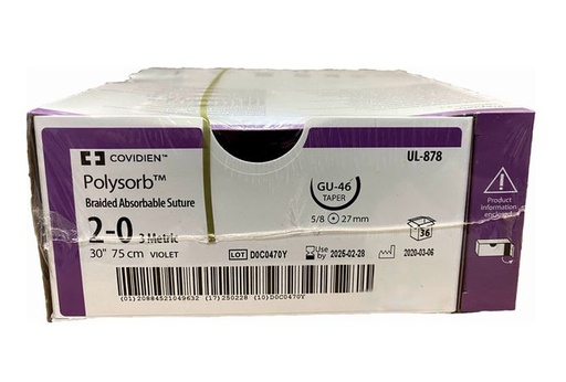 [UL878] Medtronic Polysorb 75 cm 5/8 Circle Size 2-0 GU-46 Braided Synthetic Absorbable Coated Suture, Violet, 36/Box