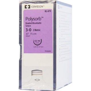 [UL879] Medtronic Polysorb 75 cm 5/8 Circle Size 3-0 GU-46 Braided Synthetic Absorbable Coated Suture, Violet, 36/Box