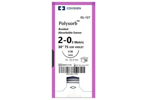 [GL127] Medtronic Polysorb 75 cm 1/2 Circle Size 2-0 V-26 Braided Synthetic Absorbable Coated Suture, Violet, 36/Box
