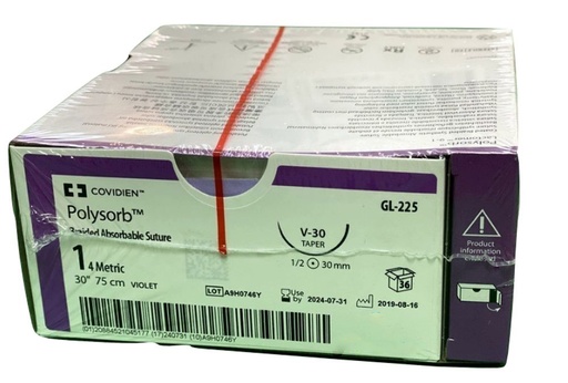 [GL225] Medtronic Polysorb 75 cm 1/2 Circle Size 1 V-30 Braided Synthetic Absorbable Coated Suture, Violet, 36/Box