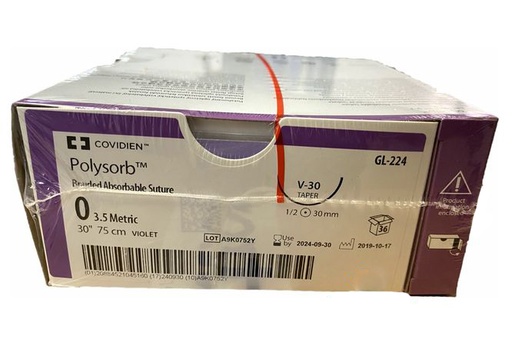 [GL224] Medtronic Polysorb 75 cm 1/2 Circle Size 0 V-30 Braided Synthetic Absorbable Coated Suture, Violet, 36/Box