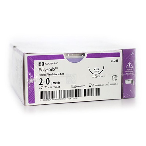 [GL223] Medtronic Polysorb 75 cm 1/2 Circle Size 2-0 V-30 Braided Synthetic Absorbable Coated Suture, Violet, 36/Box
