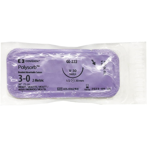 [GL222] Medtronic Polysorb 75 cm 1/2 Circle Size 3-0 V-30 Braided Synthetic Absorbable Coated Suture, Violet, 36/Box